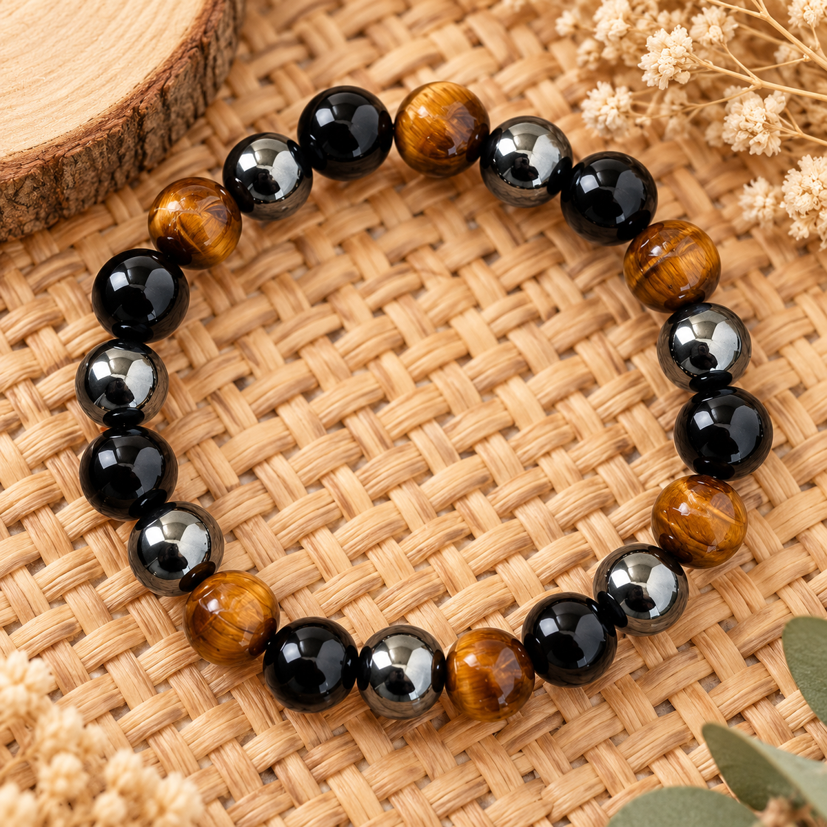 Tiger Eye, Hematite and Black Onyx Bracelet