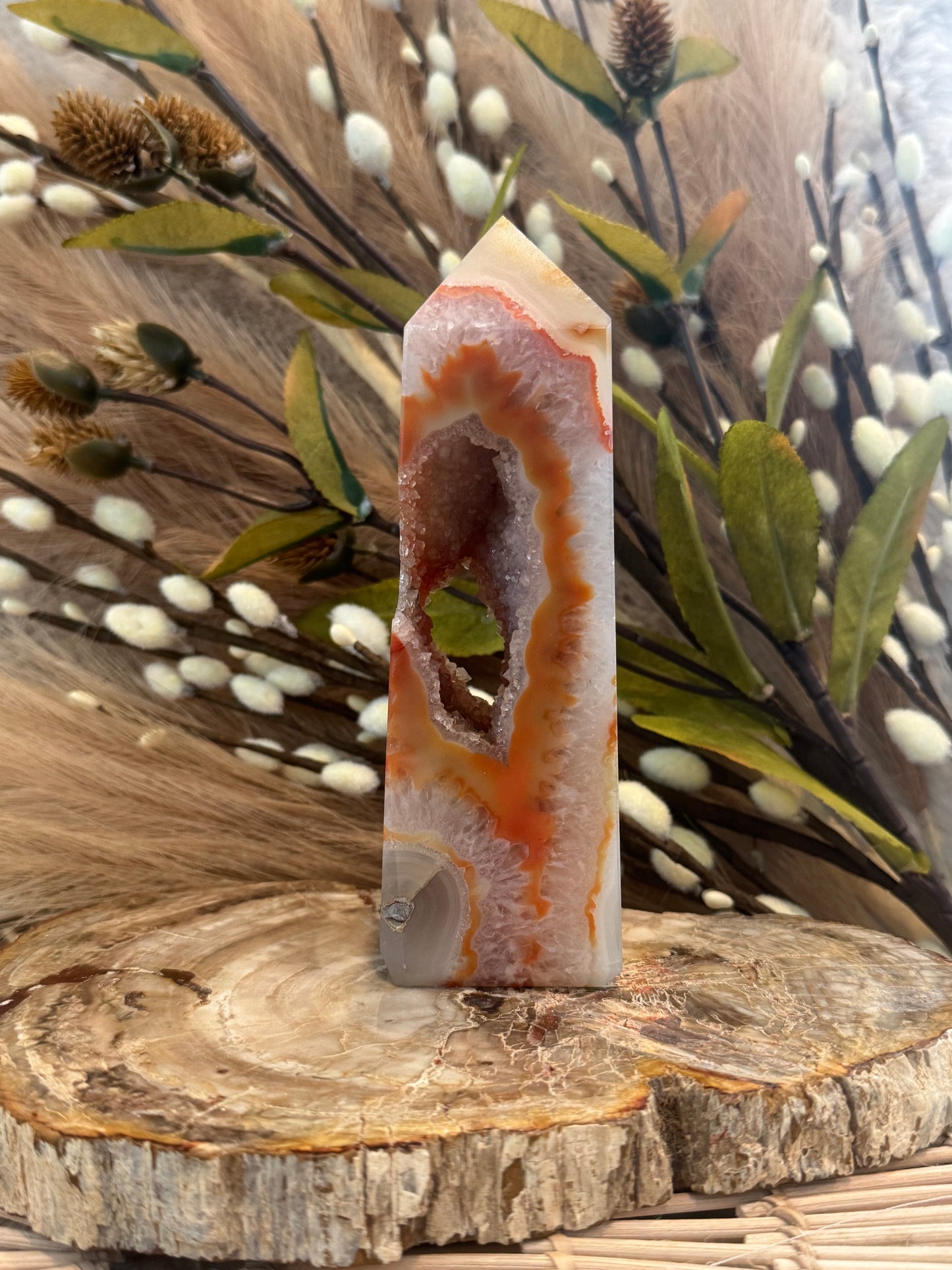 Carnelian Moss Agate Druzy Tower