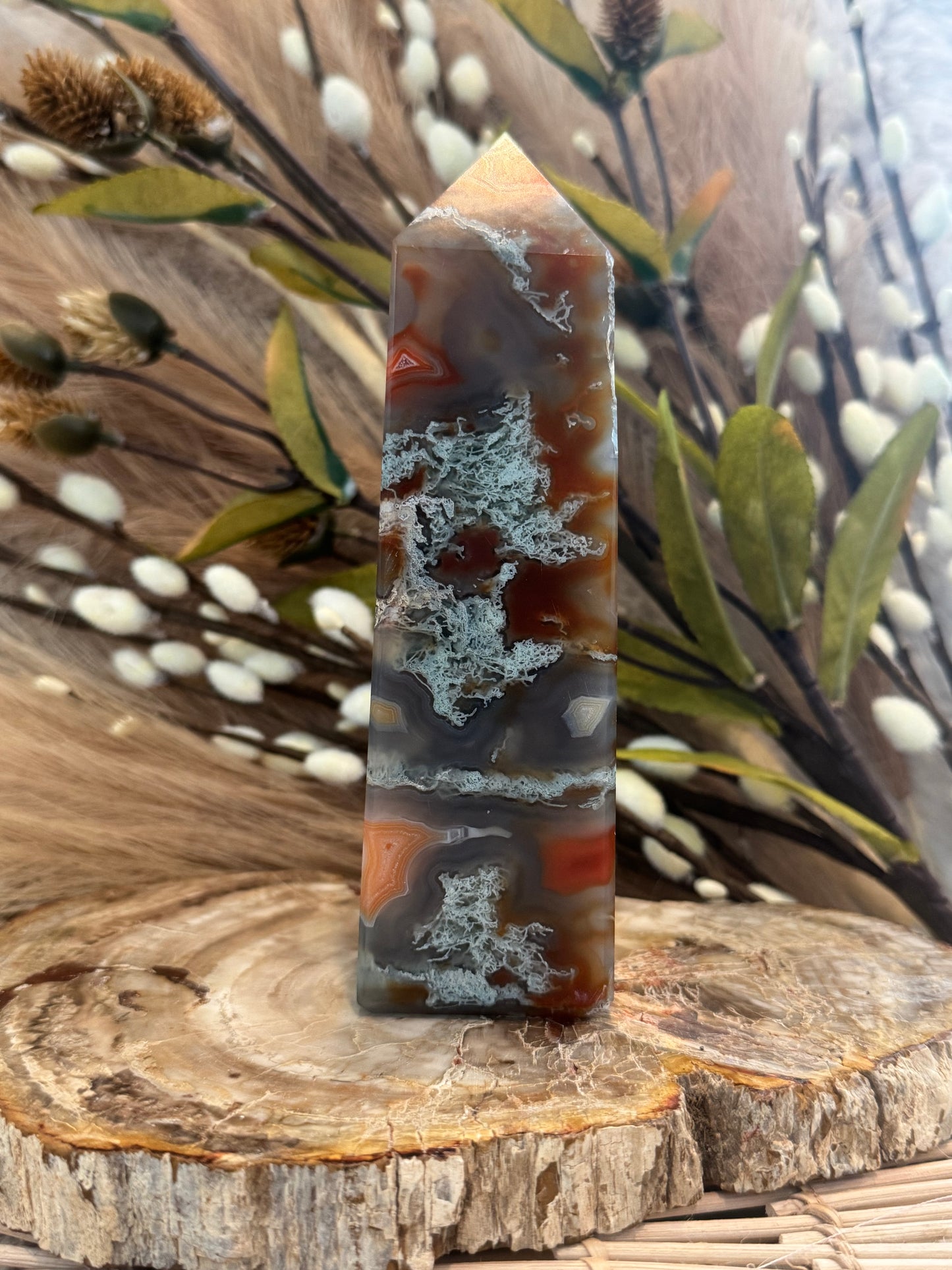 Carnelian Moss Agate Druzy Tower