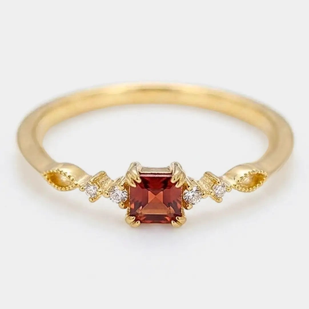 Gold Vintage Garnet Stone Thin Band Ring in Sterling Silver
