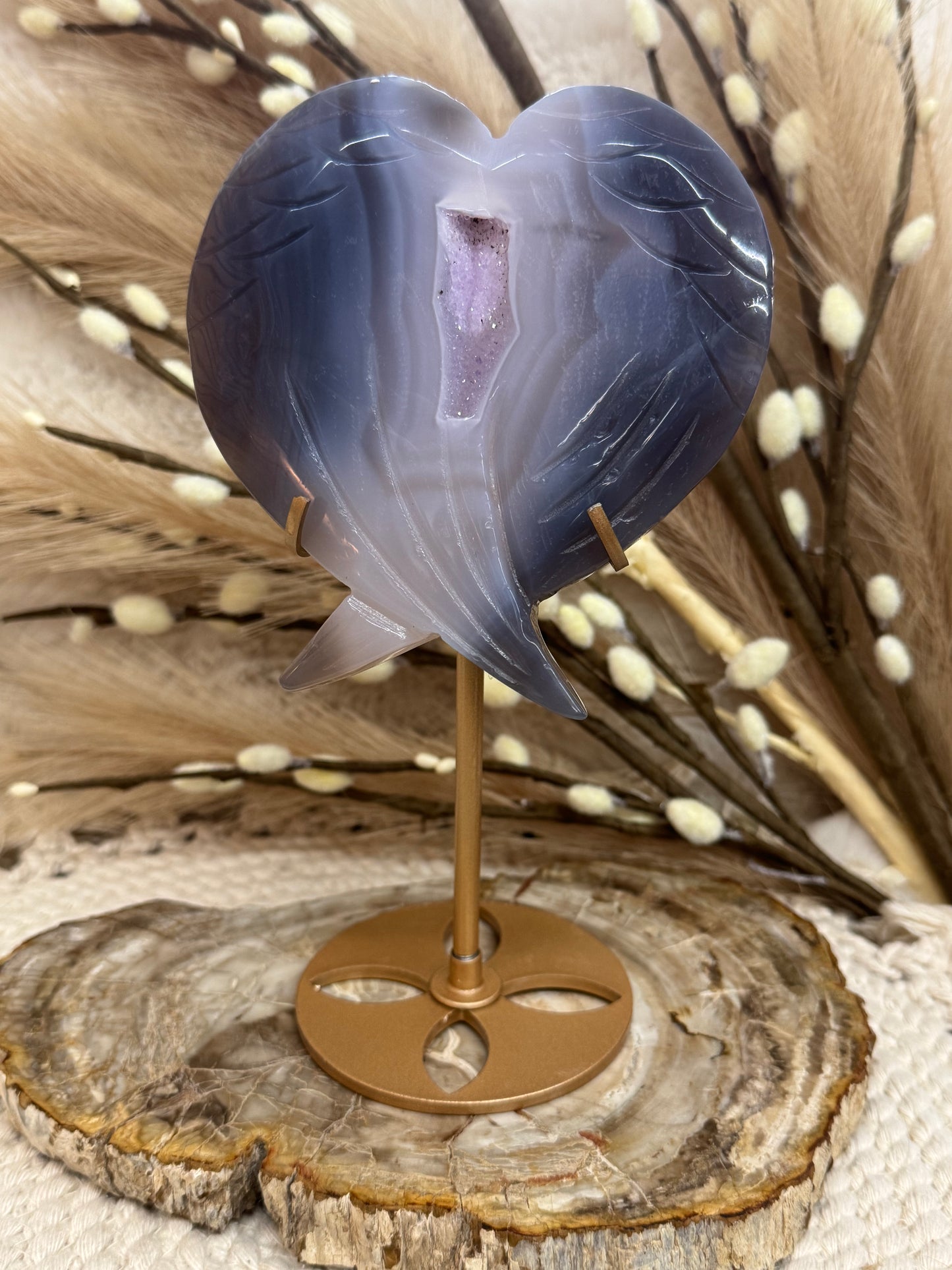 Amethyst Agate Wing Heart with Stand