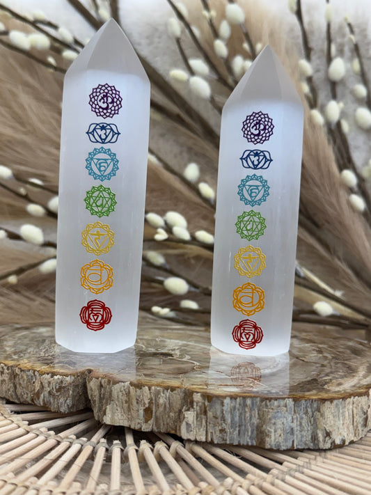Selenite Tower - Engraved Chakras