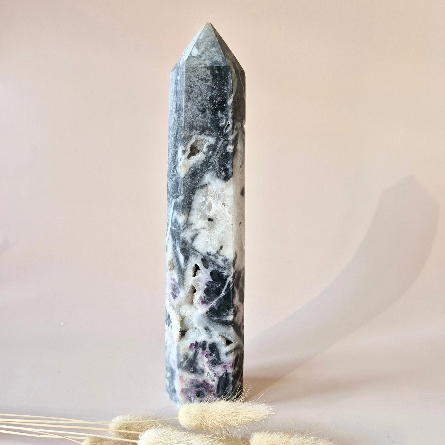 Natural Lepidolite, Quartz and Tourmaline Druzy Tower