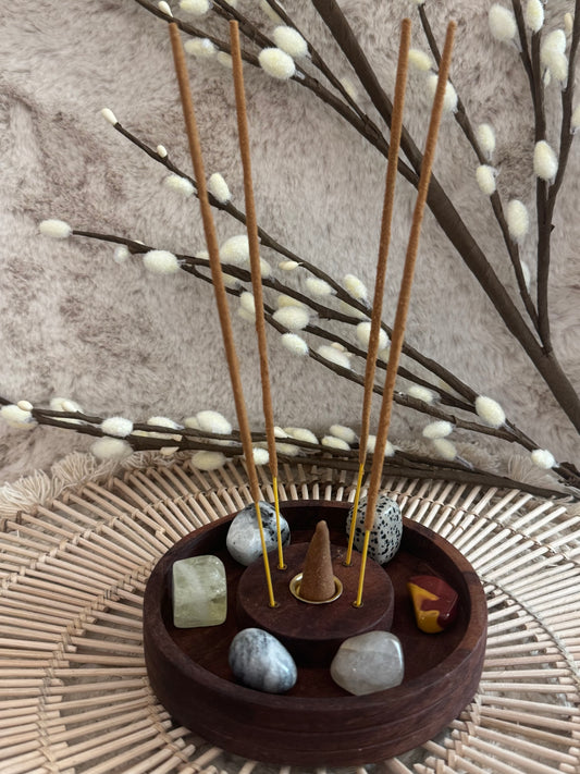 Round Wooden Carved Plate Burner For Sticks & Cones