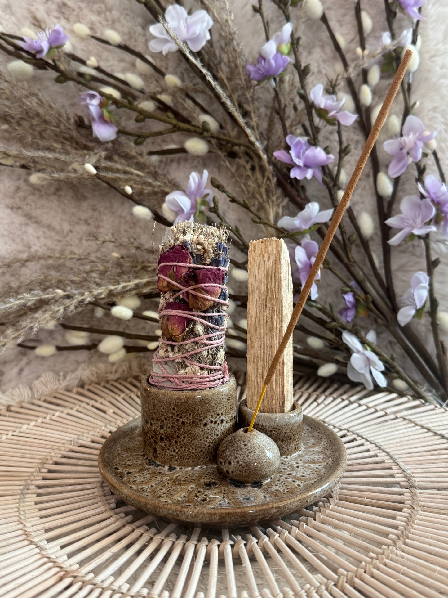Handmade Ceramic Palo Santo & Smudge Stick Holder – Brown & White