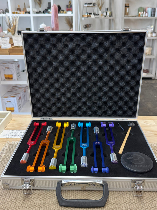 Chakra Tuning Forks – 7pc Set with Gemstone Extensions (Hard Case | Handcrafted in Nepal)