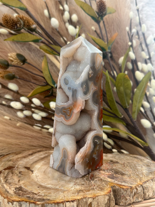 Carnelian Moss Agate Druzy Tower