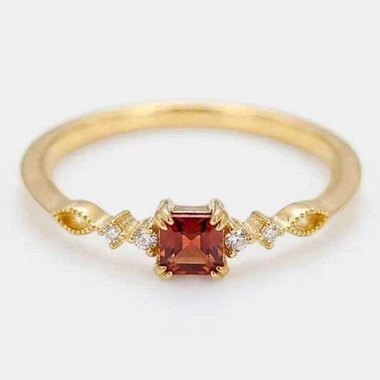 Gold Vintage Garnet Stone Thin Band Ring in Sterling Silver
