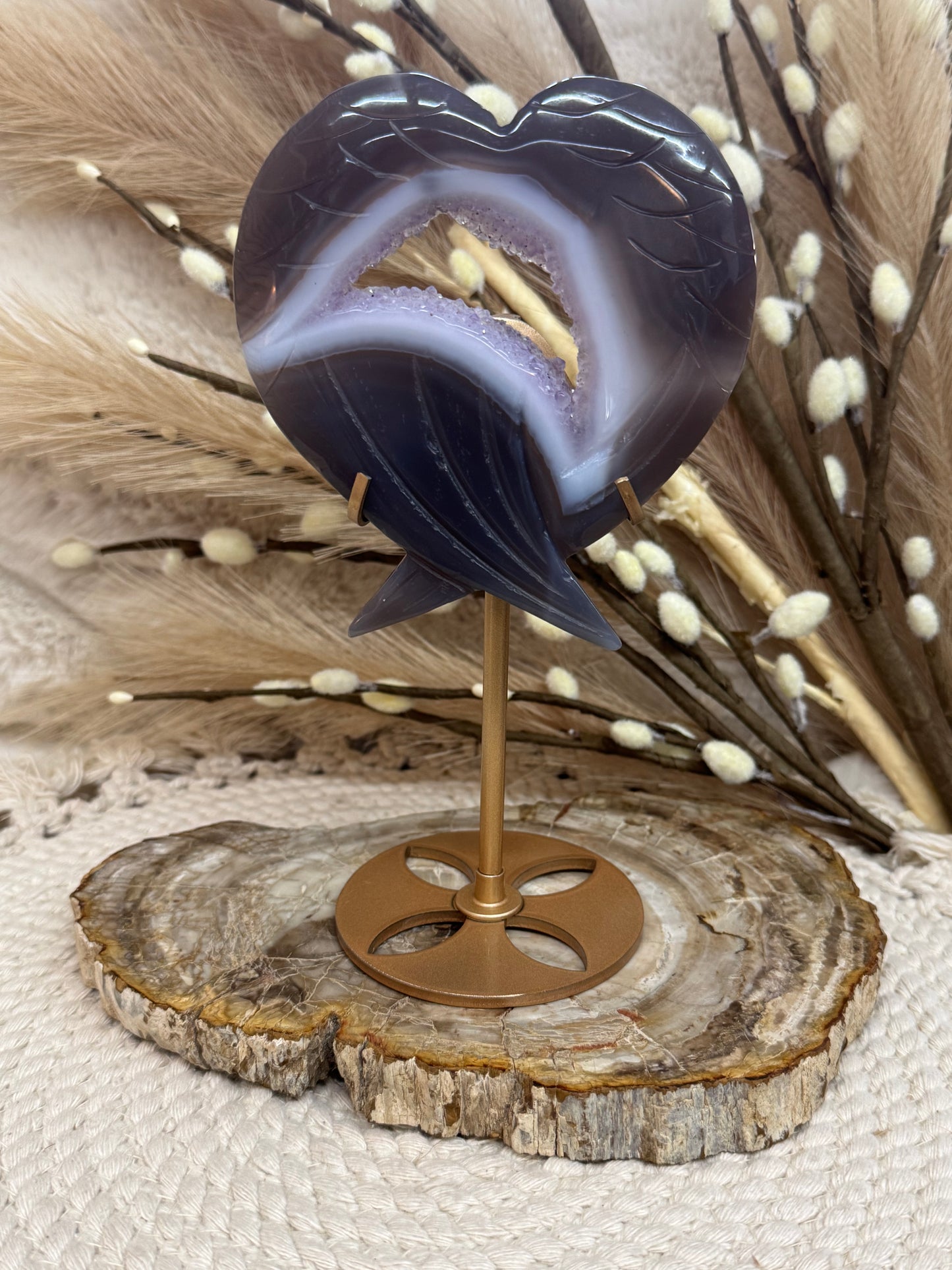 Amethyst Agate Wing Heart with Stand