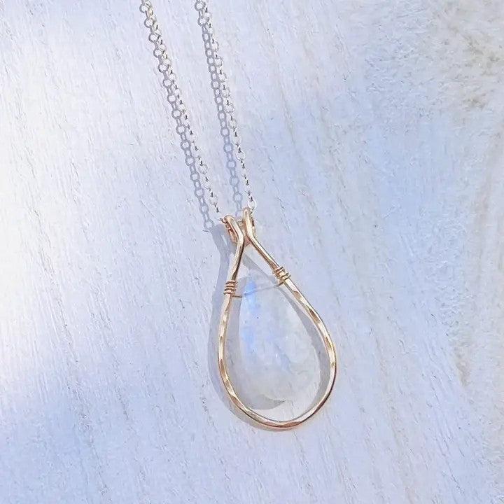 Rainbow Moonstone Necklace 14K Gold and Stainless Steel