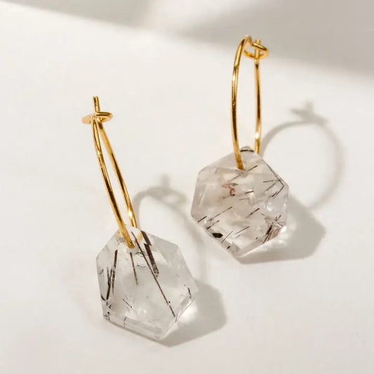 14Kt Sterling Silver Geometry Mini Hoop Earrings- Tourmalinated Quartz